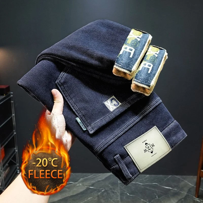 الخريف الشتاء الصوف الجينز الرجال شارع العليا مستقيم سميكة المخملية بانت موضة الدافئة عادية الصوف أفخم الجينز السراويل