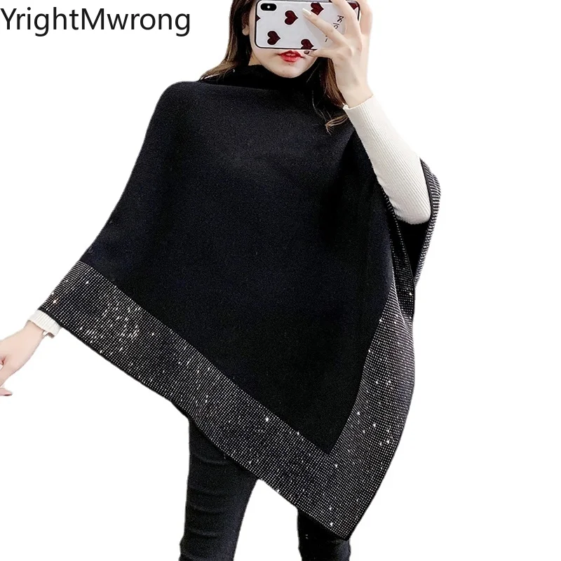 Crystal Rhinestone Diamond Batwing Cape Smock Fashion Warm High Neck Loose Cloak Poncho Sweater Knit Coat Jumper Outwear Outfit