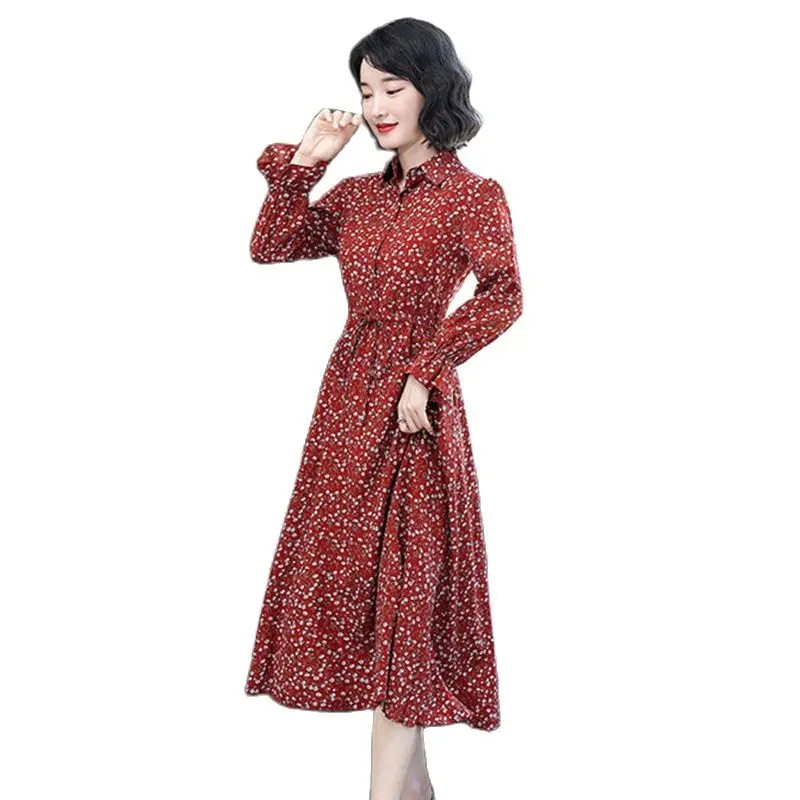 

Autumn New Slim Long-sleeved Shirt Collar Temperament Floral Dress Women's Fashion Loose Women's Slim Chiffon Bottoming Skirt