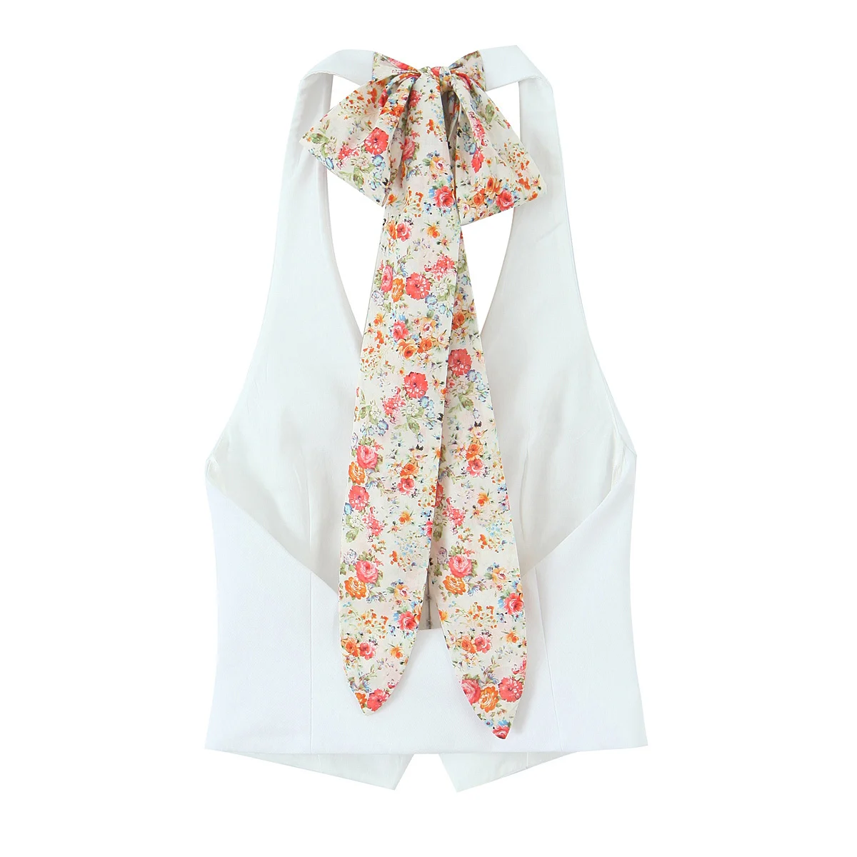 Casual Printed Scarf Lace Up Decoration Hanging Neck Collar Tank Top Chic Women Halter Single Breasted Vest Summer Holiday