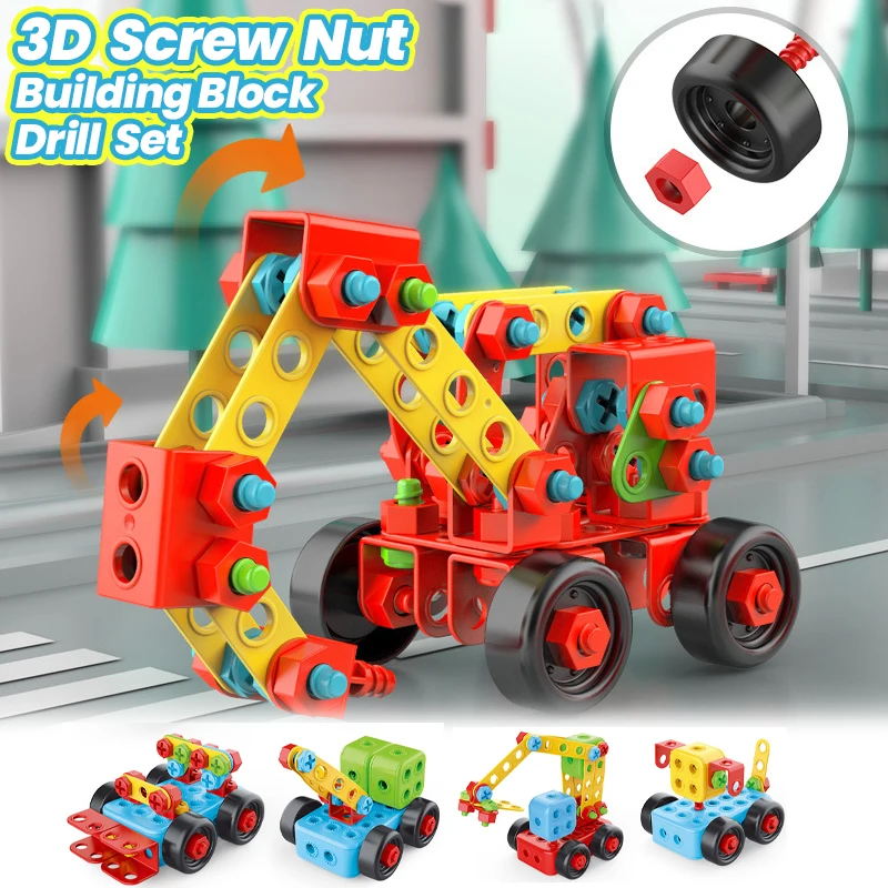 Drill Screwing Building Block 3D Nut Gear Assembly Tool Construction Set Educational Boys and Girls Toolbox Toy for Kids Gift