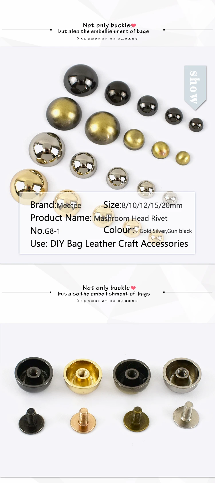 10-40 Stück 8/10/12/15/20 mm Pilz-Nieten für Handtaschen, Metall-Druckknöpfe, Taschen-Nieten, Knöpfe, Nieten, DIY-Nähen, Lederhandwerk – Detail 3