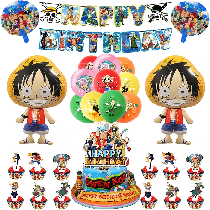 Globos de aluminio de una pieza, globos de látex con tema de Anime Luffy, pancarta de feliz cumpleaños, fiesta, recuerdos para niños, decoración de pastel, adorno de héroe, juguete para niños