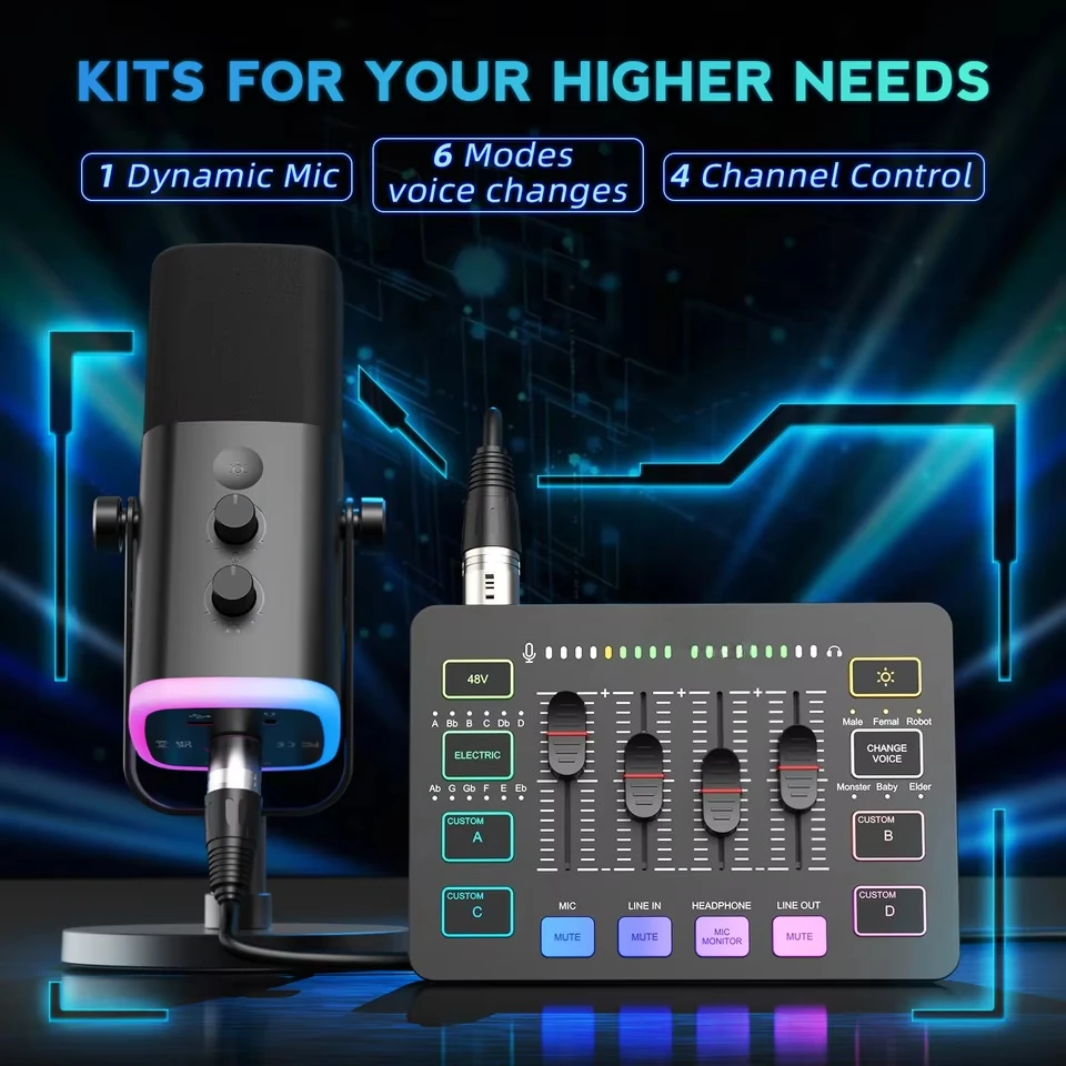all-in-one cable podcast suite for streaming studios with RGB audio mixer for dynamic microphone computer game recording