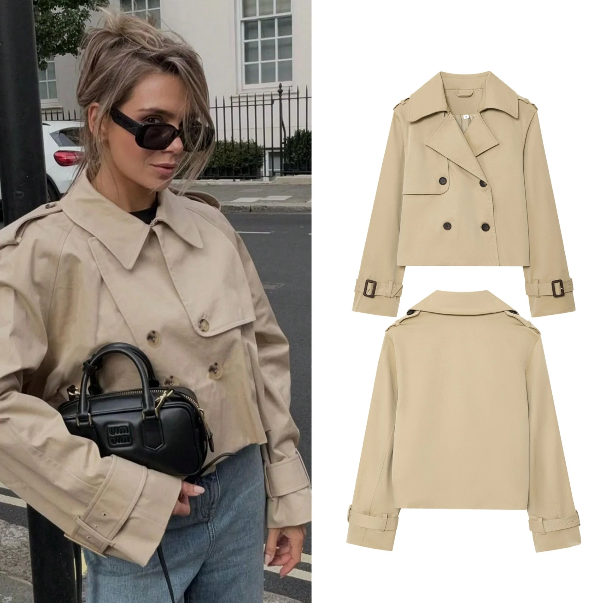 

Women's Short Trench Coat Fashion Autumn Double Breasted Jacket Coat Lapel Armband Fashionable Commuting Style Tops