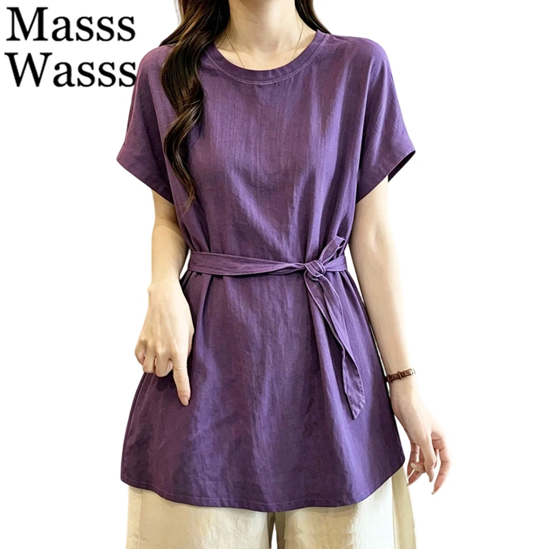 Masss Wasss British Design Fashion Soild Tee Shirts Females 2026 Vintage Loose Elegant Tops Womens Summer Classic Causal Clothes