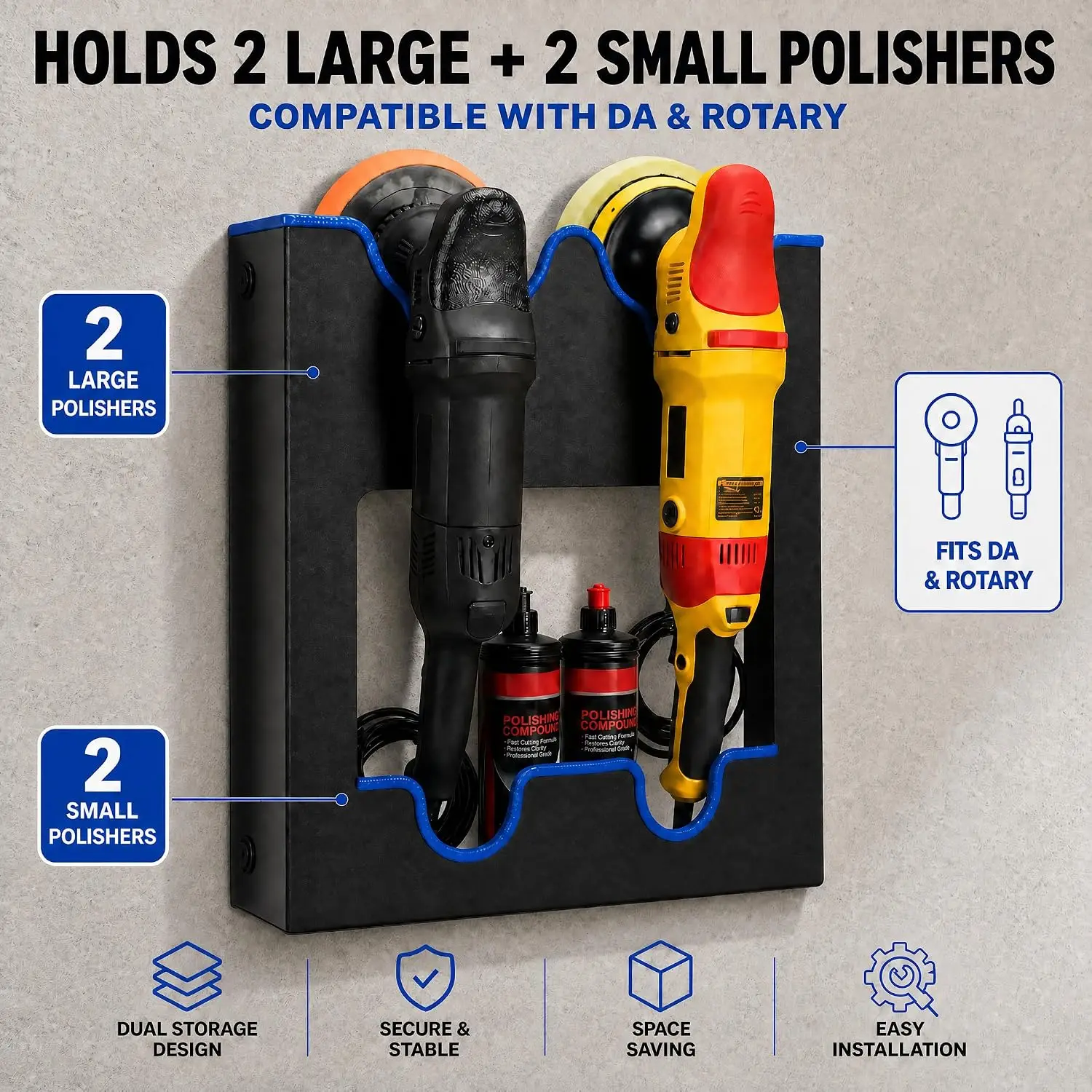Polisher Wall Holder Station holds, Wall Mounted Buffer Rack Organizer, Garage, Detailing Cart, Mobile Detailing
