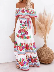 Summer Women Print Boho Dress Fashion Sexy Slash Neck Maxi Dresses For Femme Casual Elegant Party Vestidos Robe 2024 New Female