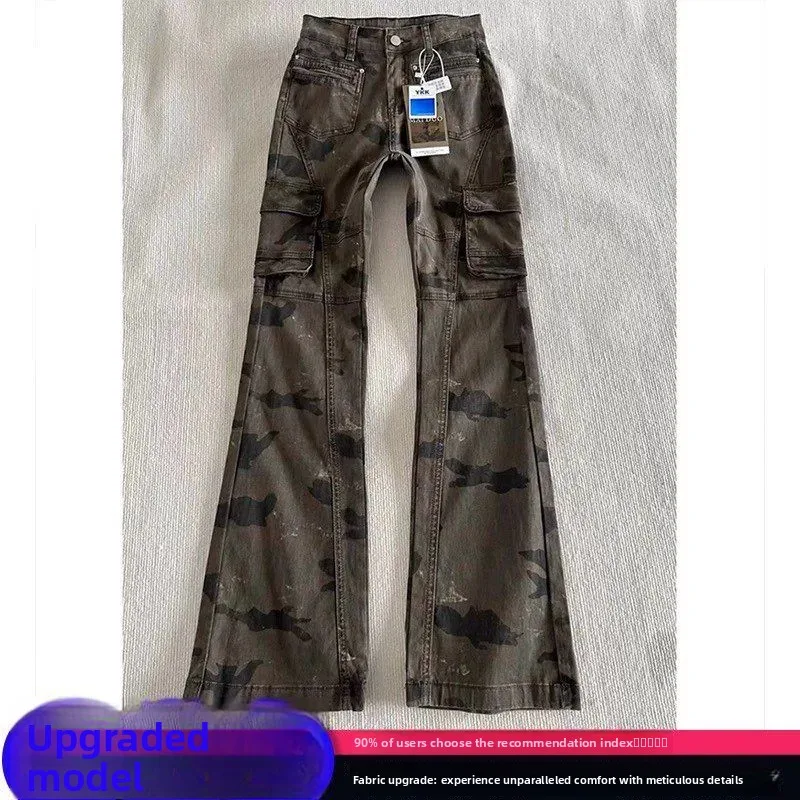 Retro Multi-pocket Tooling Men's Spring Autumn High Street Scimitar Pants Slim-fit High-waisted Micro-pull Pants Flared Jeans