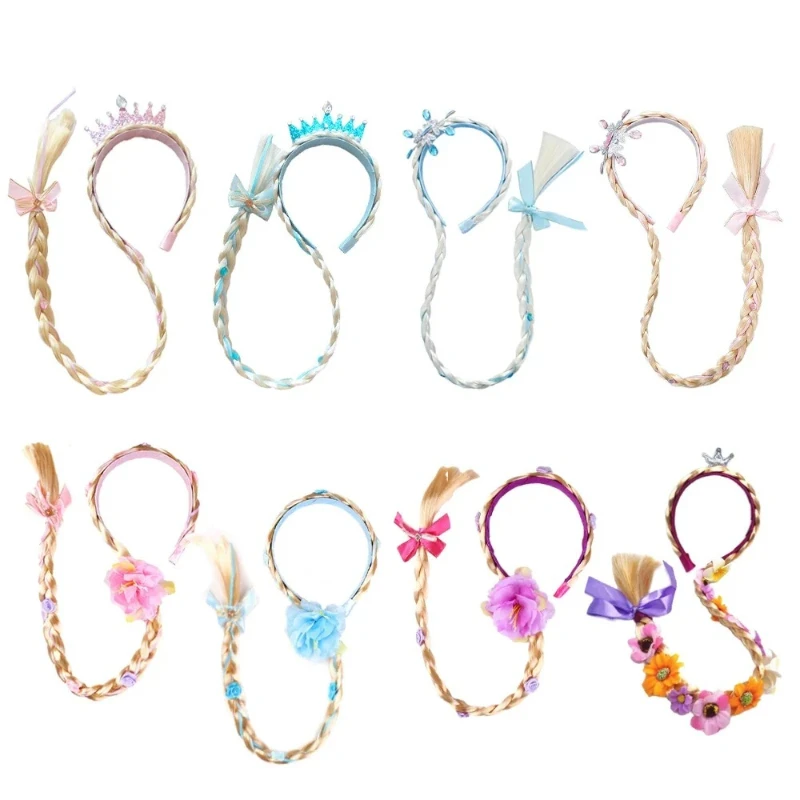 Kids Pink Blue Purple Flower‑Decor Braided Hairband Stylish Wig Headwear Ideal for Fairy Role‑Play Birthday and Holiday Events