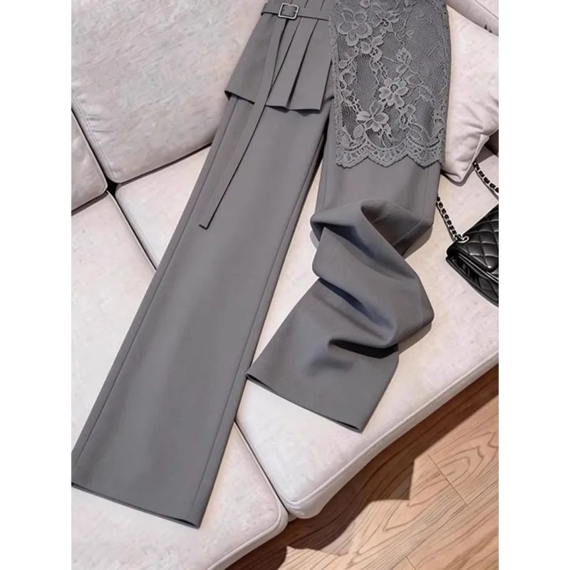 Fashionable Comfort Relaxed Gray High-waisted Stylish Chic Pant Faux Two-piece Design Features Wide-leg Silhouette Flared Hem