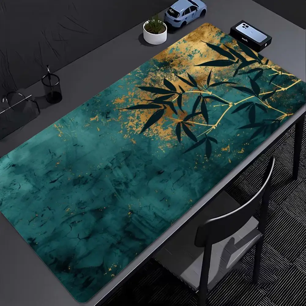 Dark Green Large Gaming Mouse Pad XXL Golden Bamboo Deskmat Non-Slip Rubber Mouse Mat Computer Keyboard Mats Big Mausepad Gamer