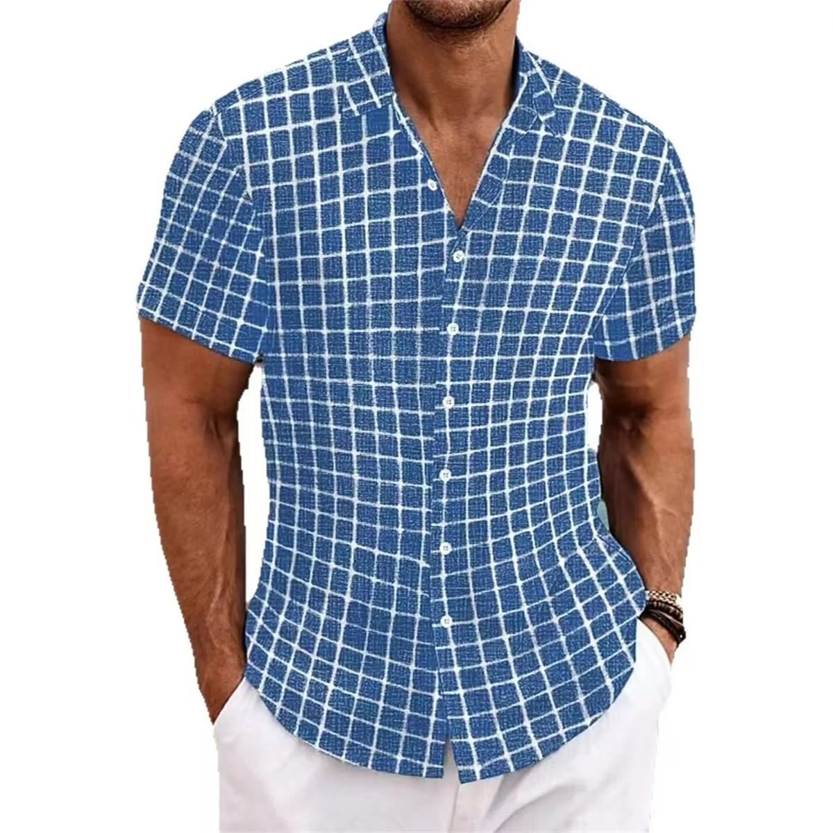 New men's casual short shirt can be worn outside in 4 colors Men's fashion digital printed plaid short-sleeved shirt