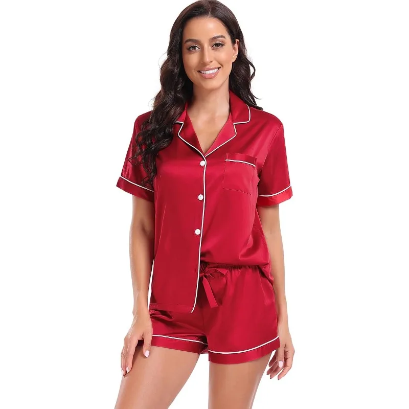 

Women's Satin Pajama Set 2-Piece Sleepwear Loungewear Button Down Short Sleeve Silky PJ Set