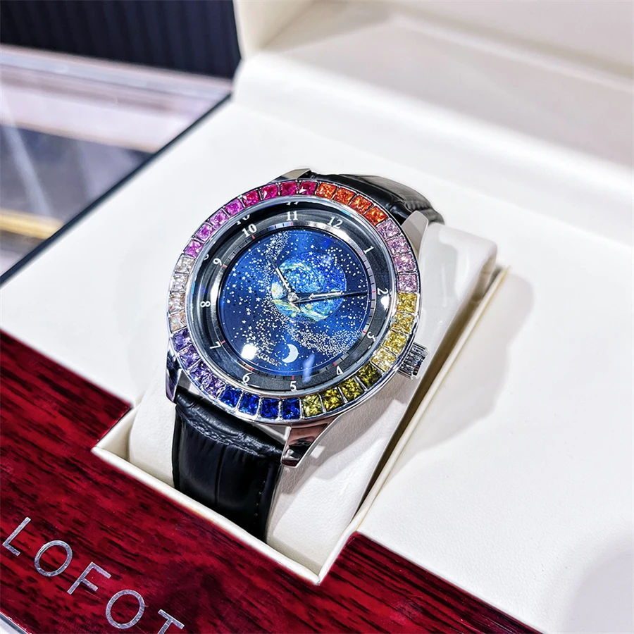 

Rotating starry dial color diamond automatic mechanical watch men's waterproof luminous clock personality fashion men's watch.