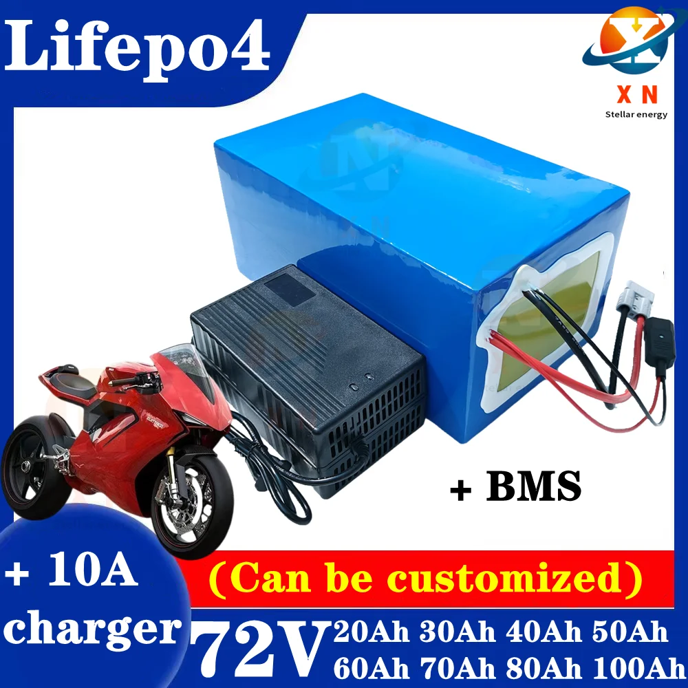 Batterie au lithium LiFePO4 avec chargeur, 72V, 50Ah, 60Ah, 40Ah, 80Ah, 100Ah, BMS pour scooter, vélo électrique, moto, 3000W