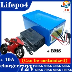 Batterie au lithium LiFePO4 avec chargeur, 72V, 50Ah, 60Ah, 40Ah, 80Ah, 100Ah, BMS pour scooter, vélo électrique, moto, 3000W