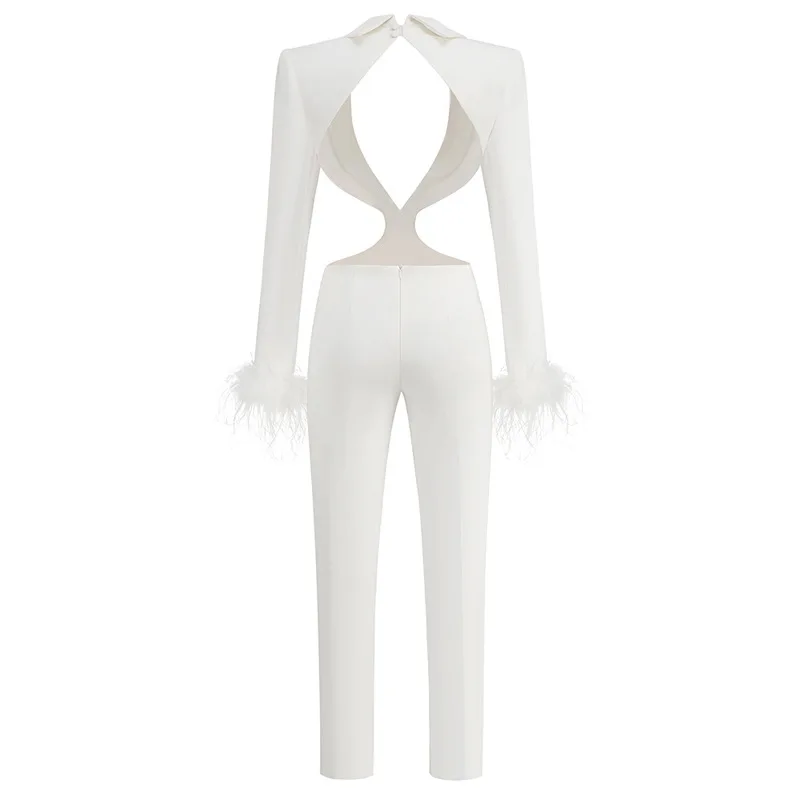 Stylish sexy suit jumpsuit feather trim collar cuffs European American slim-fitting jumpsuit long pants 2 piece set woman traje