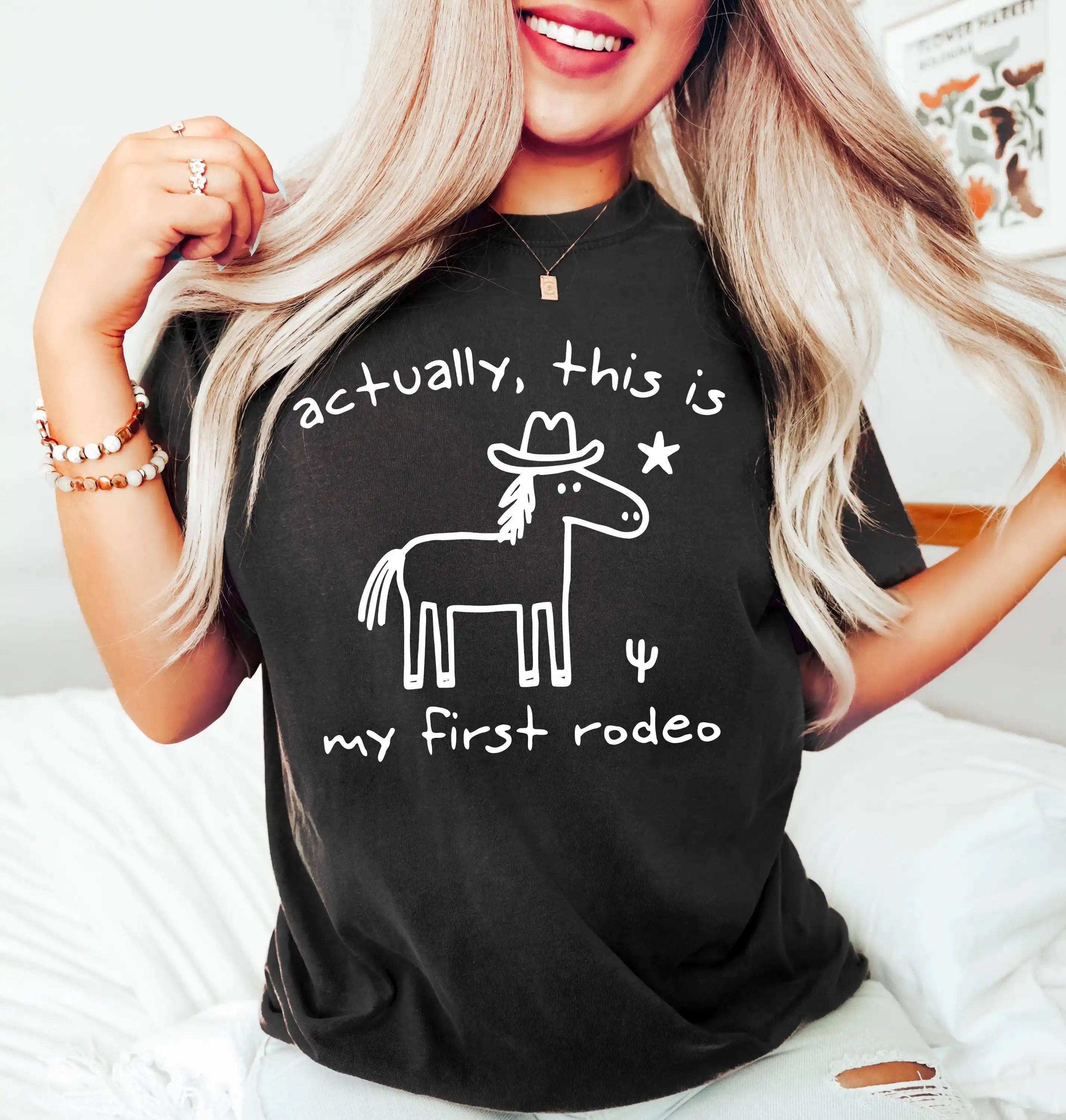 Actually This Is My First Rodeo Shirt, Doodle Horse Tshit, Relatable Tee, Weird Horse Outfit, Unhinged Saying Apparel Tshirt