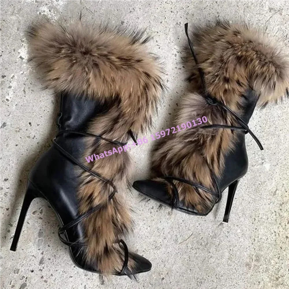 

Soft Furry Winter Boots Black Leather Brown Fur Warm Lace Up Luxury Mid Calf Boots Sexy Fashion Runway Leather Hotties Shoes