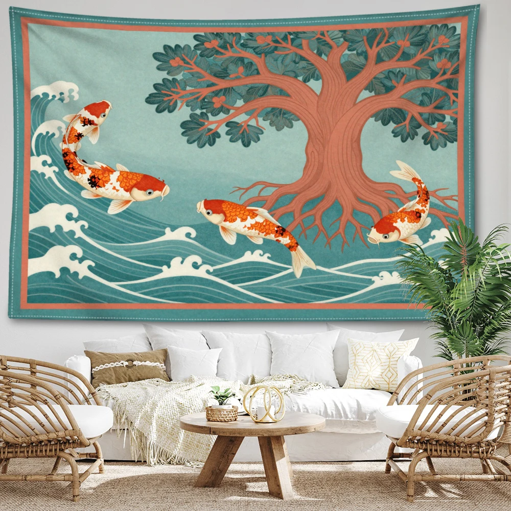 Blue Koi Fish Tree Sea Wave Wall Tapestry, Traditional Boho Decor