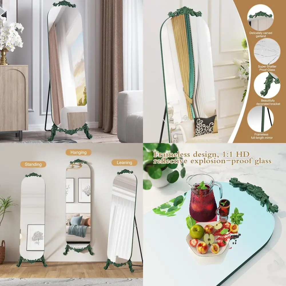 Eleganter, gotischer, geschnitzter Vintage-Spiegel in voller Länge mit Ständer, 61,5 H x 20 W, grüner, moderner, dekorativer großer Wandspiegel