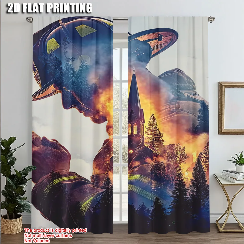 

2pcs,2D plane printing Curtains firefighter Versatile 100% Polyester (without rod) Festive Ldeal for Bedroom, Office, Kitchen,