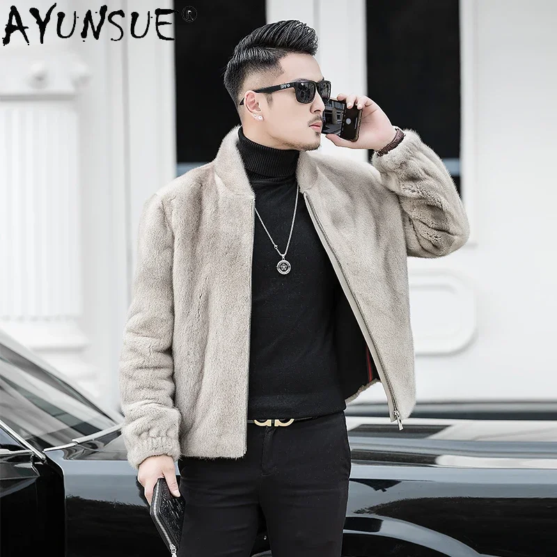 AYUNSUE Winter Jacket Men Real Mink Fur Coat Luxury Bomber Jacket Natural Fur Coats Plus Size Mink Jackets 2025 FC-8816 KJ5166