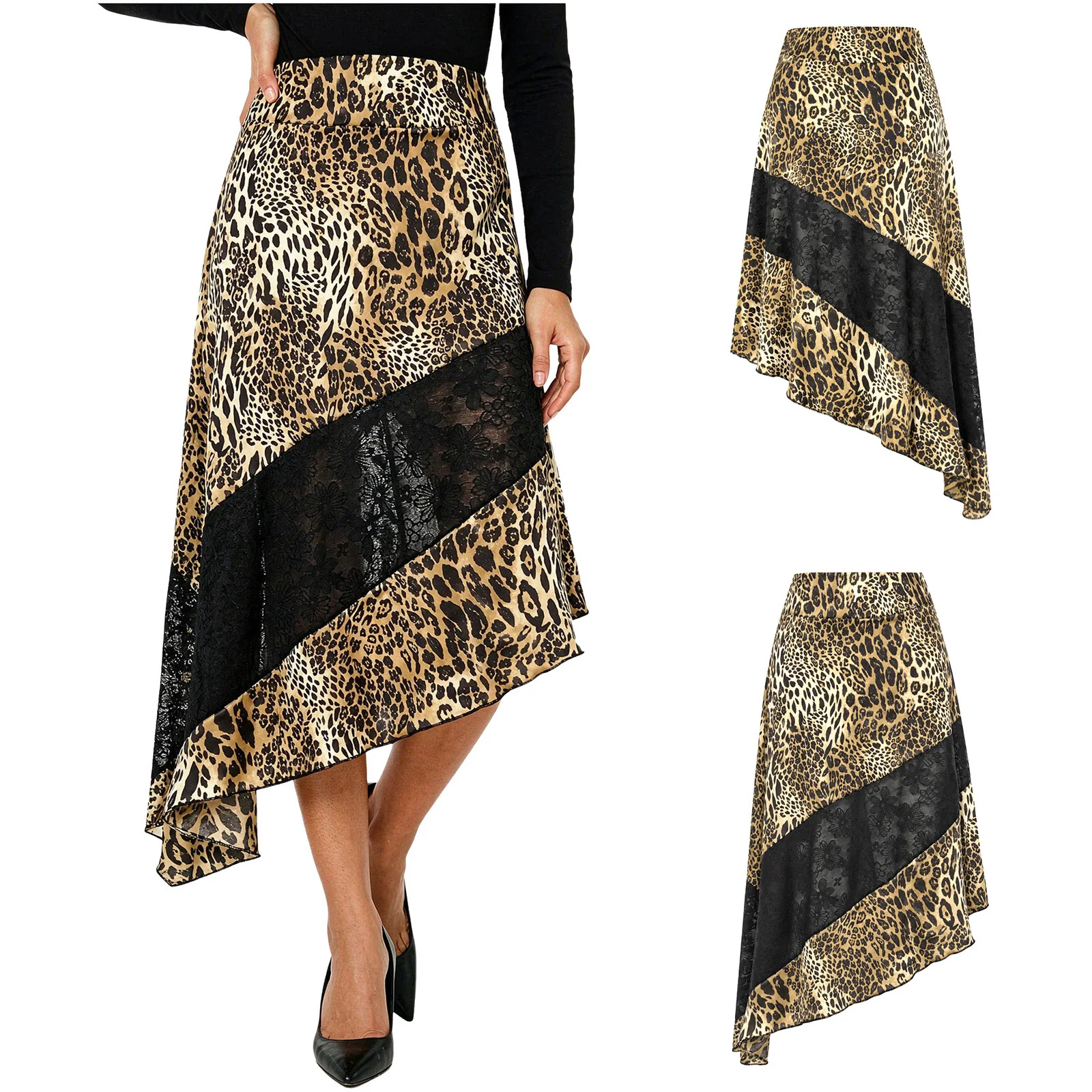 Women Elegant Floral Lace Patchwork Leopard Skirts Zipper Irregular Hem Midi Skirt for Office Club Party Music Festival