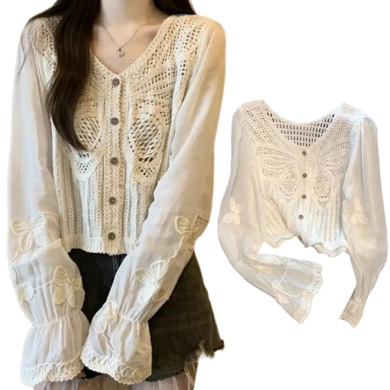 Women's Long Sleeve Knit Cardigan with Accents and Intricate Hollow Crochet Detailing Casual Loose Top Drop Shipping