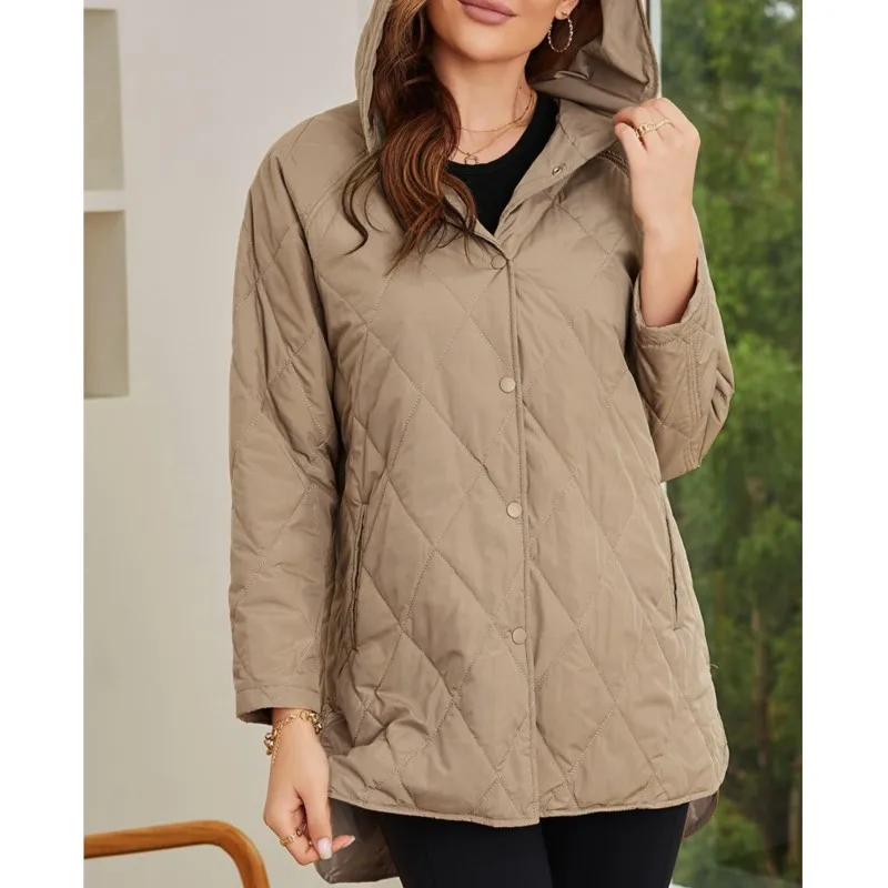 Cappotto da donna con cappuccio regolabile caldo e allentato, maniche lunghe, monopetto, prese d'aria laterali sull'orlo, giacca con tasca, cappotto nuovo chic primaverile