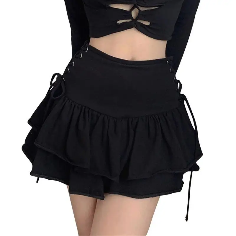 652F Womens Dark Gothic Punk High Waist Mini Skirt Double Layer Tiered Pleated Ruffle Hem Short Skater Skirts Streetwear