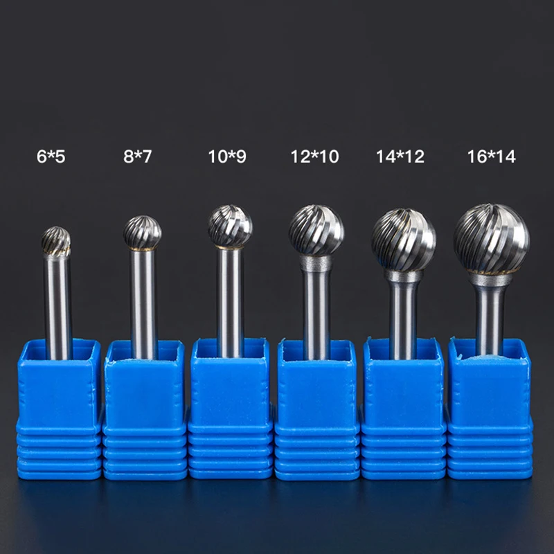 HUHAO D형 초경강 로터리 파일 이중 홈 연삭 헤드 엔드밀 금속 목재 원형 볼 타입 조각 밀링 커터