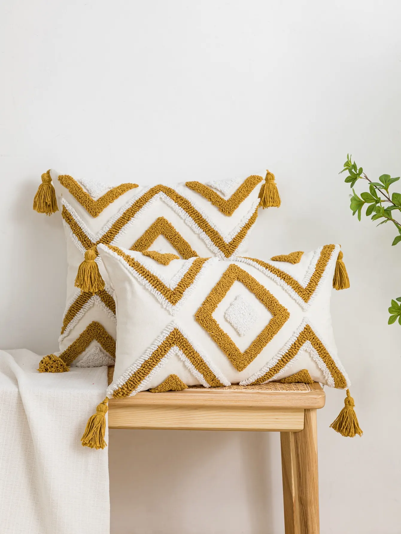 1pc yellow geometric diamond line pattern cotton sail pillow cover with bohemian style suitable for sofas,living rooms,bedrooms