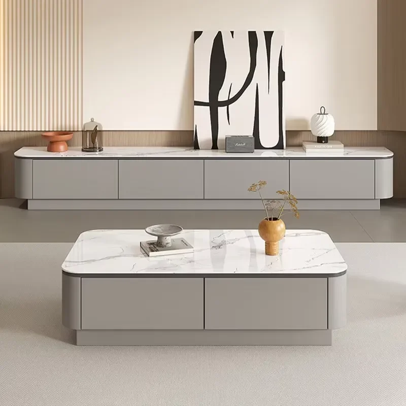 Modern Luxurious Living Room Coffee Tables White Square Sintered Stone Solid Wood Coffee Table and Tv Stand with Storage