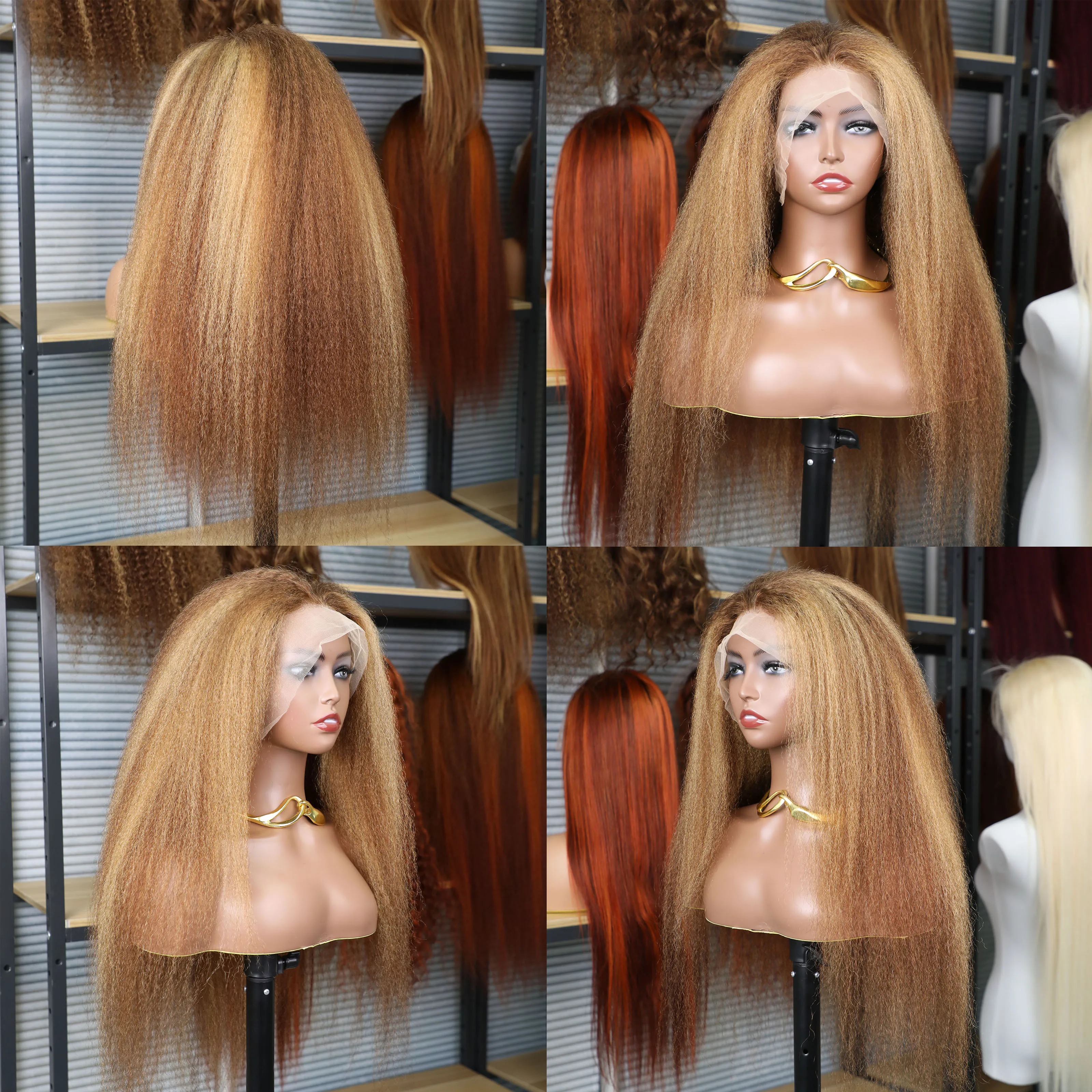 Highlight P4/27 Kinky Straight 24Inch Brown Blonde Color 13x6 Brazilian Transparent Lace Front Human Hair Pre Plucked Wig