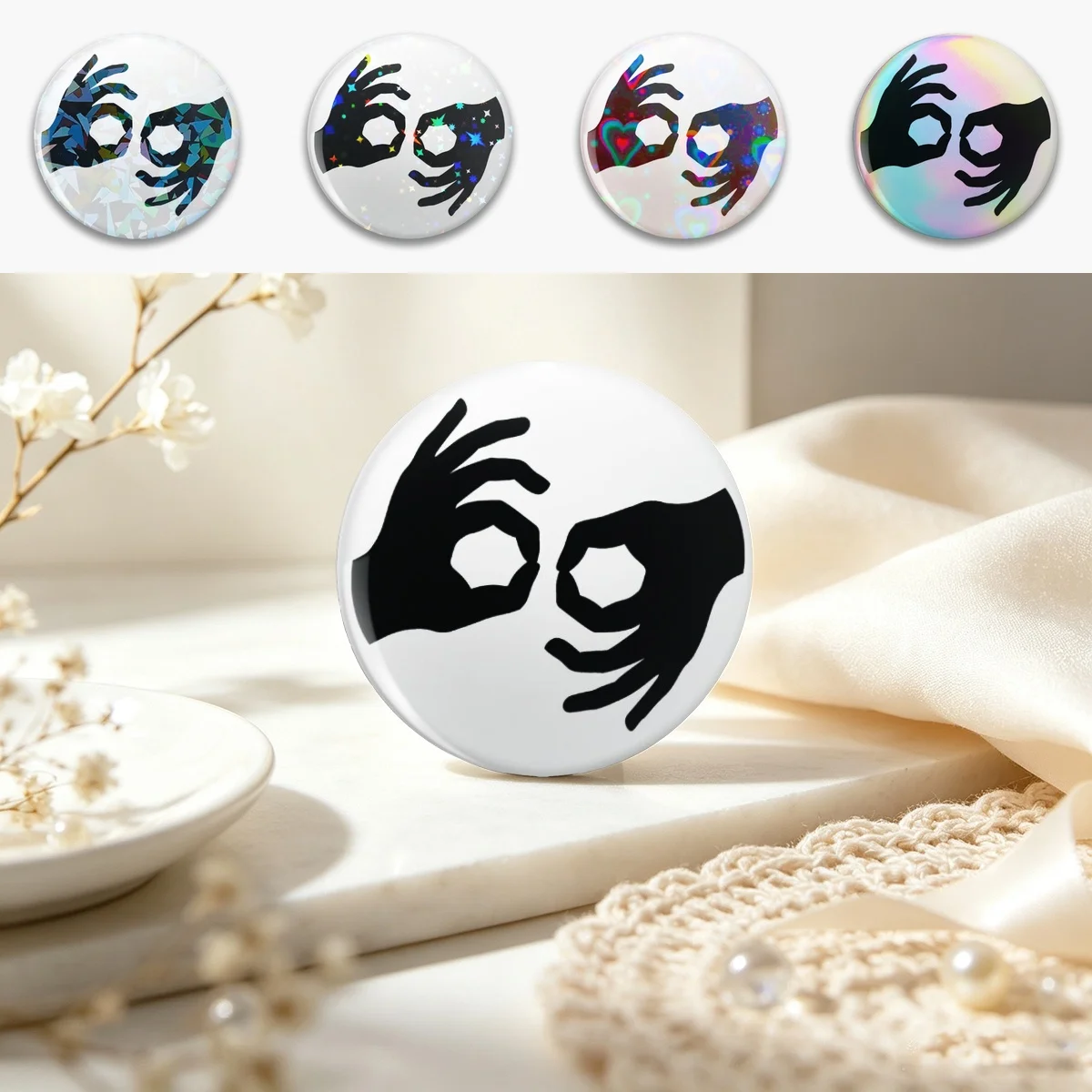 American Sign Language ASL Interpreter hands symbol in black.  Pin Holographic Star Heart Pin Brooches Laminated Button Fashion