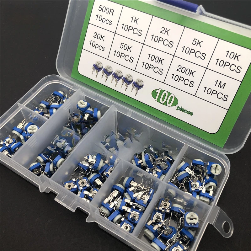 10 Kinds of Adjustable Resistors Rm065 Variable 1k 2k 5k 10k 50k 100k 500k Ohm 1m Horizontal Blue and White Electric Slotter