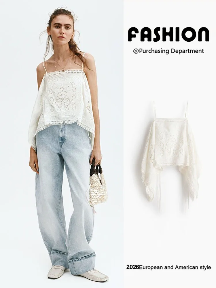 New Summer Women's Fashionable Embroidered Sleeveless Hollow out Strap Top Loose Fit Crew Neck Chinese Style Clothing