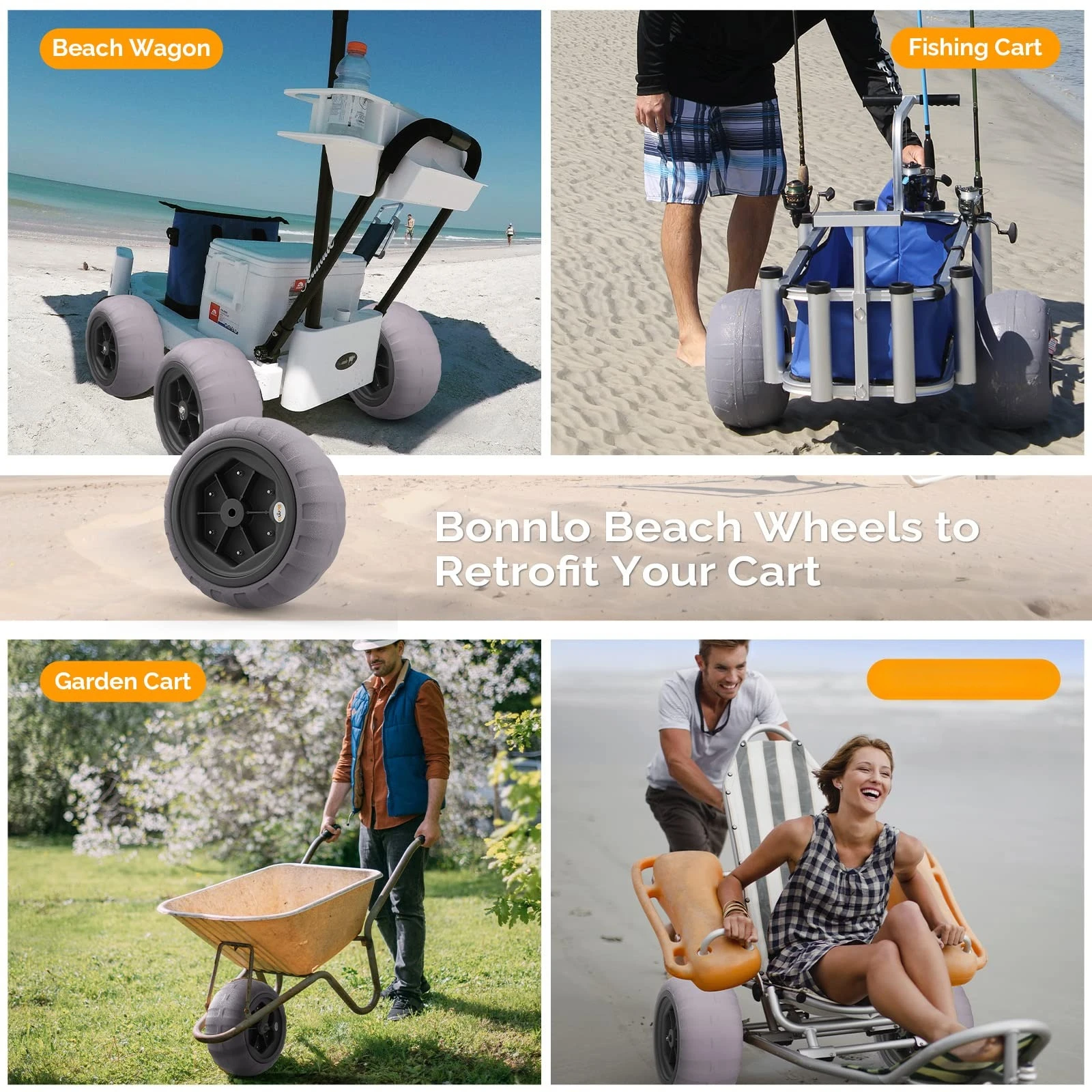 16 Inch Balloon Wheels, 2 Pack Replacement Beach Sand Tires, Heavy Duty Cart Wheels For Beach Wagon Fishing Cart Rolling Walker Wheelchair, Off Road Wheel Kit With Bearings Air Pump,