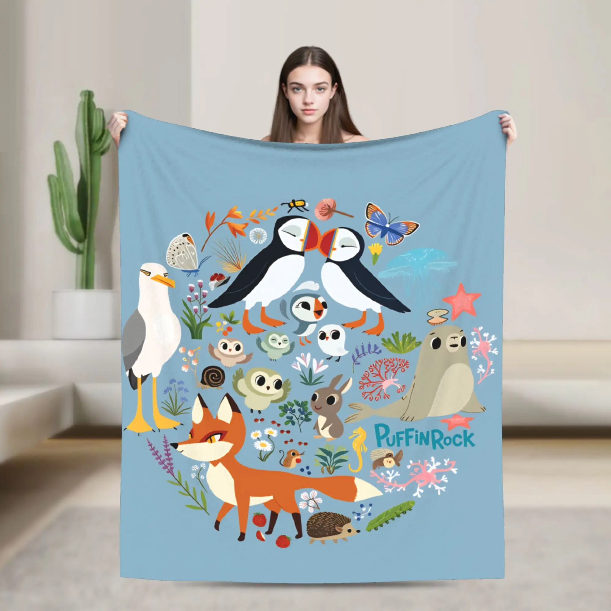 Soft Warm BlanketGirls Boys Decorative Puffin Rock Bedding Throws  Flannel Bedspread For Home Decor Print Sofa Bed Cover