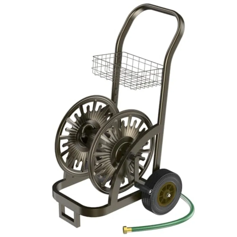 

Heavy Duty Steel Garden Hose Reel Cart with Wheels Black Holds 200 Feet of 5/8 Inch Hose Storage Basket Anti-Tip Design for Law
