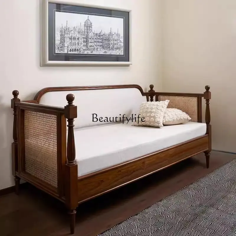 

French solid wood sofa old retro rattan weaving living room study casual straight medieval