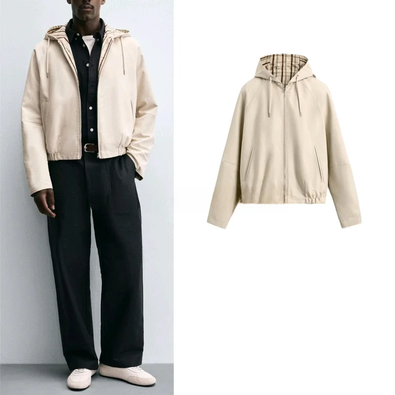 

Осенняя мужская простая свободная посадка в клетку, двусторонняя одежда с эластичным подолом, верхняя одежда Jaet, версия-стойка, длинный све, с капюшоном Yo...