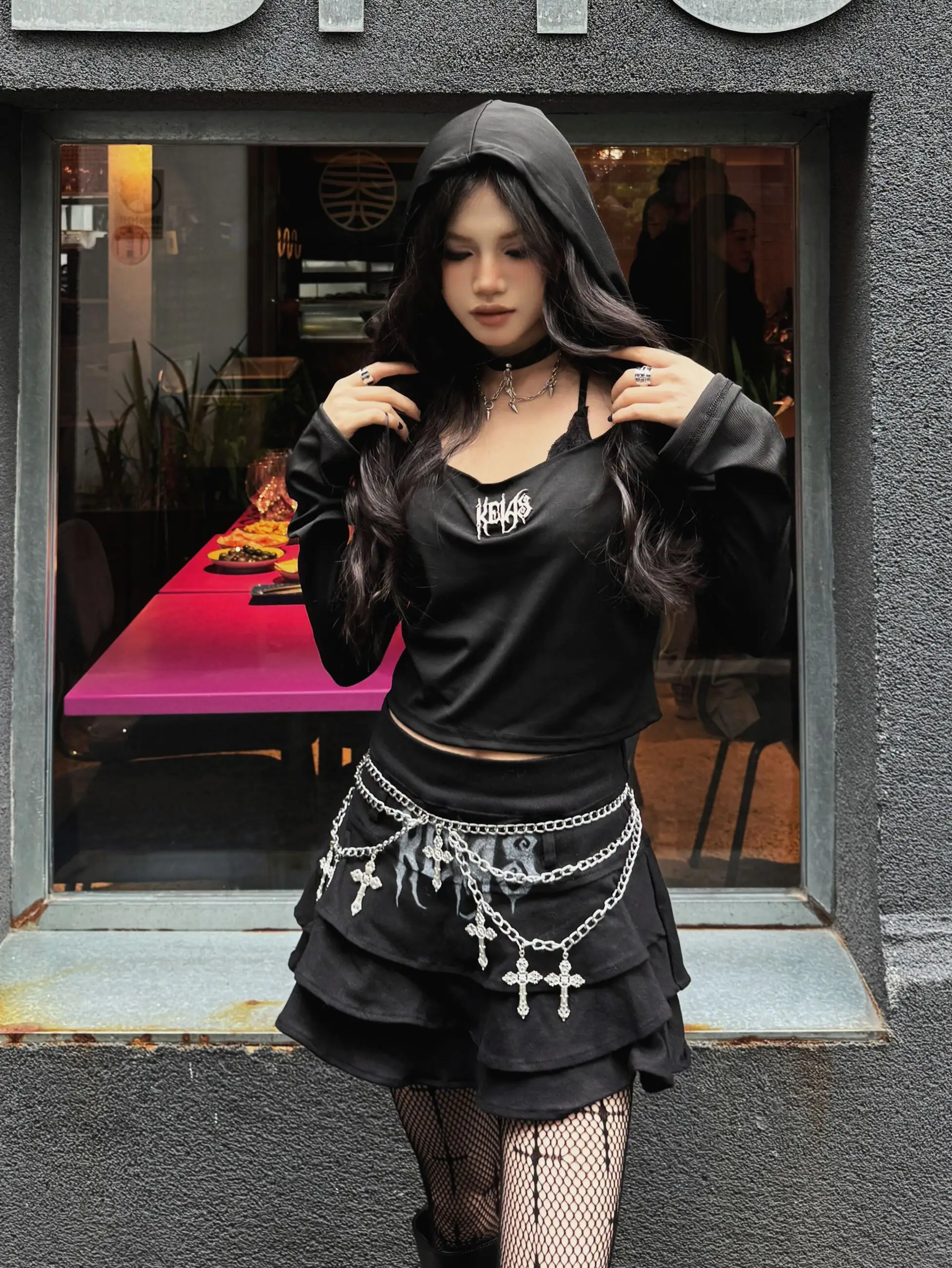 Ruibbit Japanese Harajuku Hooded T-Shirt Gothic Hot Girls Black Sexy Slim Thin Long Sleeve Tops Tees Y2k Top