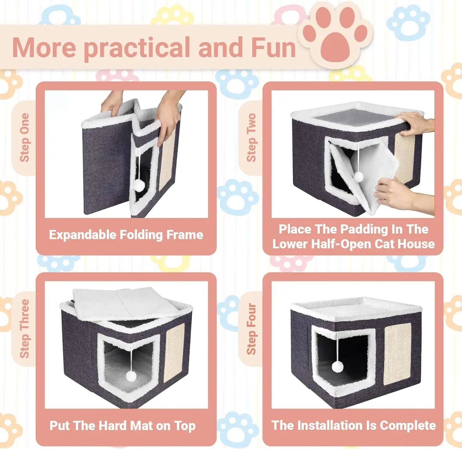 سرير قطط قابل للطي مع لوح نفق للخدش من السيزال، منزل للحيوانات الأليفة للاستخدام الداخلي والخارجي مع وسادة قابلة للإزالة