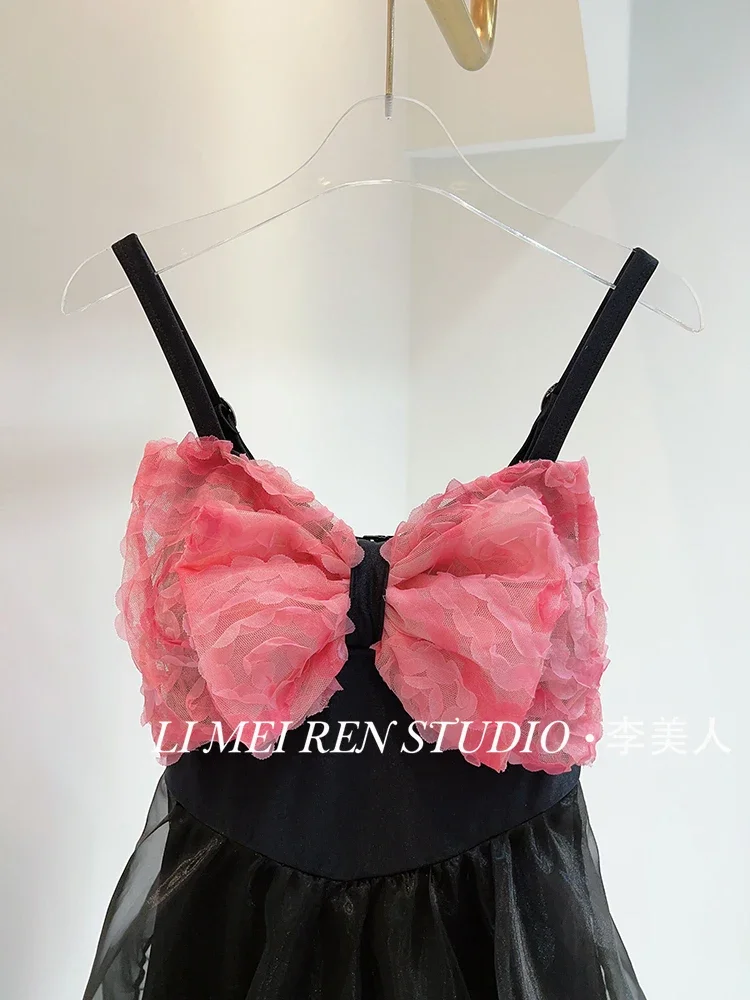 New Heavy Industry Pink Flower Splicing Butterfly Knot Mesh Puff Skirt Integrated Swimsuit