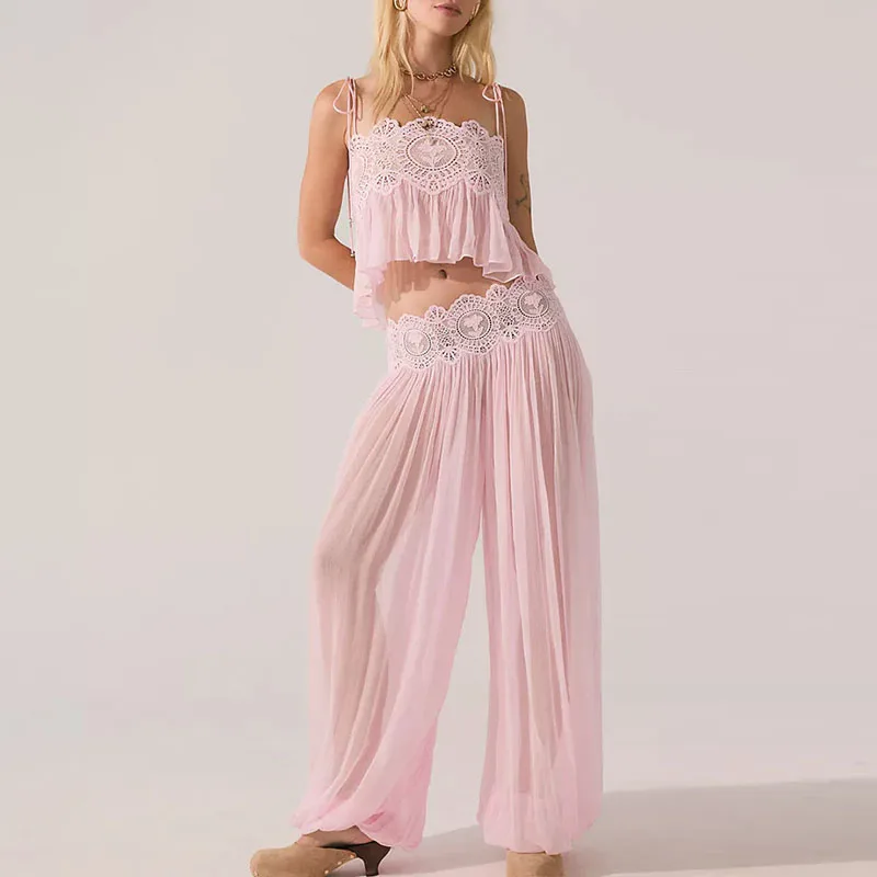 Boho Lace Trim 2 Piece Outfit Spaghetti Strap Crop Top High Waist Harem Pants 2pcs Set Women Summer Solid Beach See Through Suit view 4