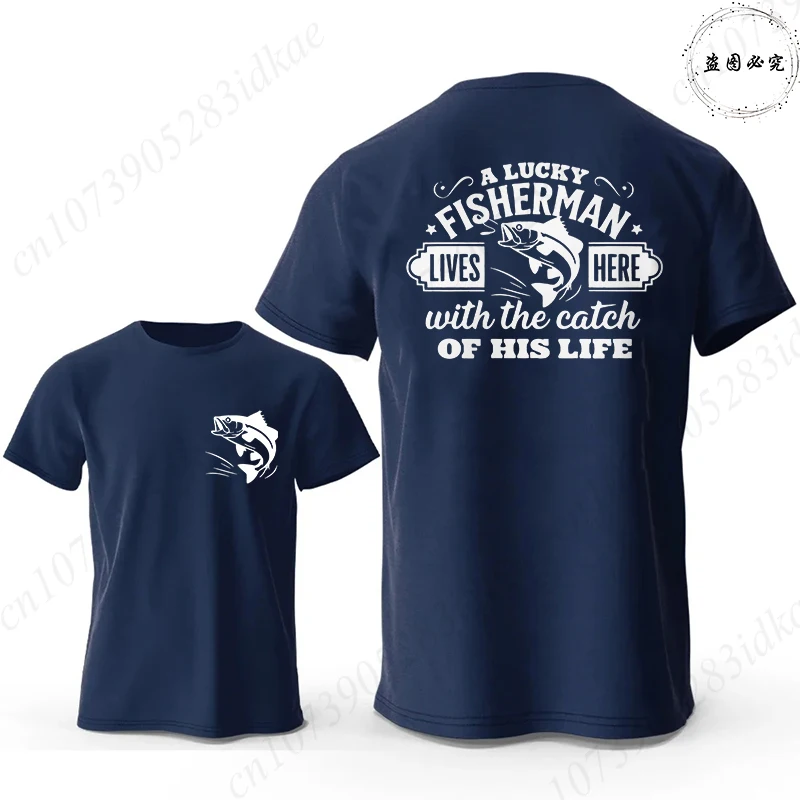 A Lucky Fisherman Lives Here with The Catch of His Life Graphic Tees, Casual O Neck Short Sleeve Men's T-Shirt for Fishing Lover