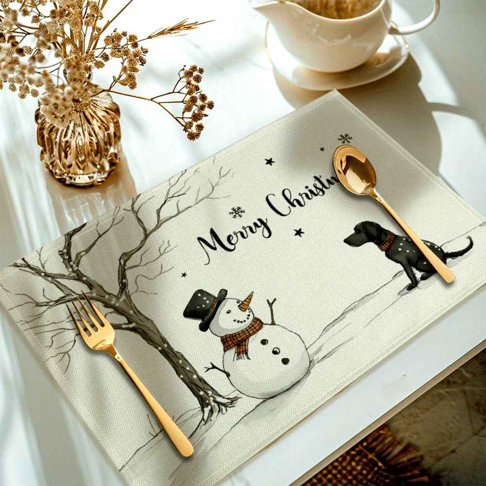 4 Sets Cheerful Gathering, Festive Christmas Placemats - Dog Snowman Design, Washable Polyester Table Mats